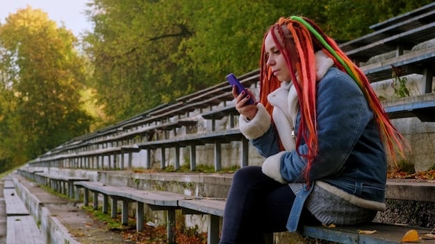 A person sitting alone on a park bench, looking stressed and holding a phone, with multiple missed call notifications visible on the screen. The background shows people happily interacting, creating a stark contrast.