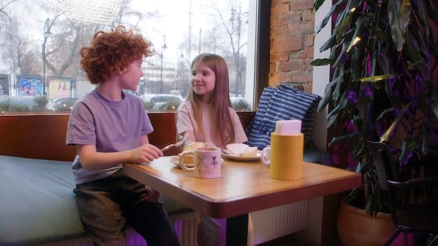 Two friends sitting at a cafe, one friend actively listening and nodding, while the other is speaking with a calm and confident expression. A hand gesture of setting a boundary is subtly visible.