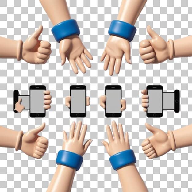 Two hands holding smartphones, with one hand showing a thumbs-up emoji on a group chat screen, indicating positivity, while the other phone displays a neutral expression, suggesting passive observation.