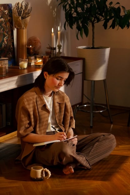 A person sitting alone with a journal, thoughtfully reflecting and writing about their feelings and personal boundaries.