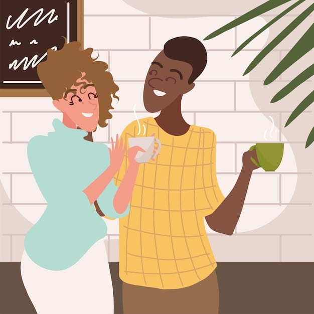 Two friends laughing and talking over coffee. One is gesturing expansively, while the other is smiling warmly. The scene is bright and cheerful, illustrating the positive impact of social connection.