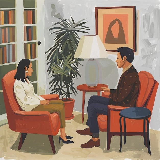 An illustration of two people engaged in a deep, meaningful conversation, sitting in comfortable chairs in a quiet, dimly lit room. Bookshelves line the walls, suggesting intelligence and shared interests.