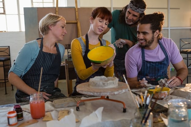 A group of people participating in a pottery class, each focused on their individual projects, but with a sense of camaraderie and shared creative energy.