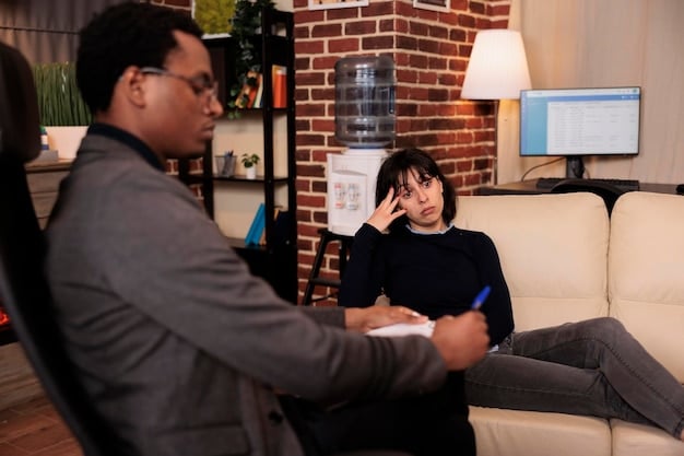 A therapist is leading a session with an individual who is struggling with anxiety while a supportive friend sits nearby, offering encouragement. The scene is set in a comforting office, emphasizing professional help and the importance of friendship.