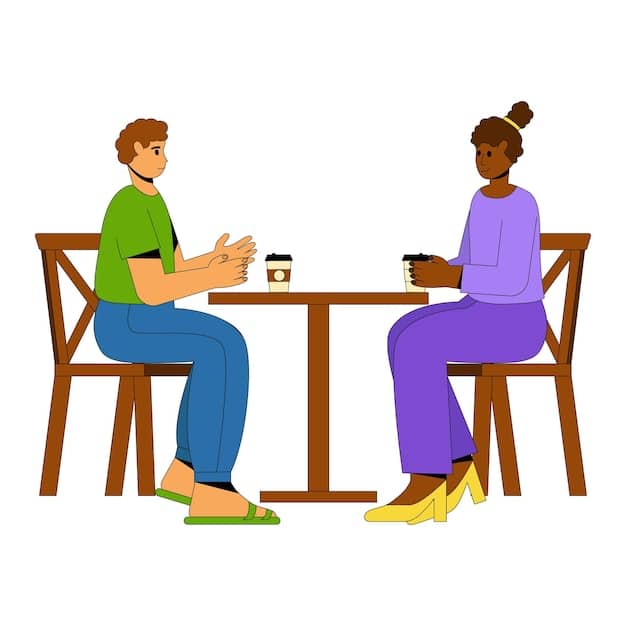 Two friends sitting across from each other, engaged in a deep conversation. One is leaning forward, listening intently with a concerned expression, while the other is speaking with their hands, conveying emotion. Their body language suggests empathy and genuine connection.