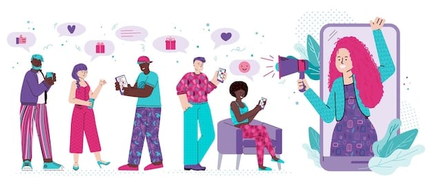A graphic depicting a diverse group of people interacting with social media content on various devices, highlighting the feeling of personalization and connection.
