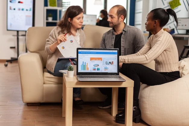 A person analyzing a social media analytics report on a laptop, with a team discussing strategies in a conference room.