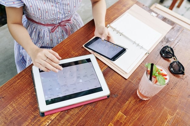 A close-up view of a digital calendar application on a tablet, illustrating different social media platforms and planned content posts. Various color-coded labels indicate the type of content and publishing dates.