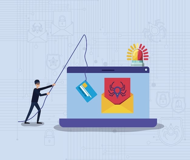 A graphic illustrating a phishing email disguised as a legitimate notification from a social media platform, hovering over a hand about to click on a malicious link. Red warning signs are surrounding the email.