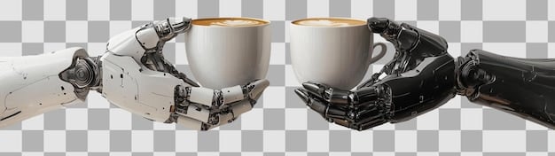 A split image. On the left, a robot arm is typing on a keyboard. On the right, a human hand is typing on a keyboard, with a cup of coffee and a notebook beside it.