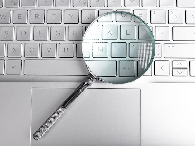 A magnifying glass focused on a block of text on a computer screen. The text contains unusual phrasing and grammatical errors, suggesting it's AI-generated.