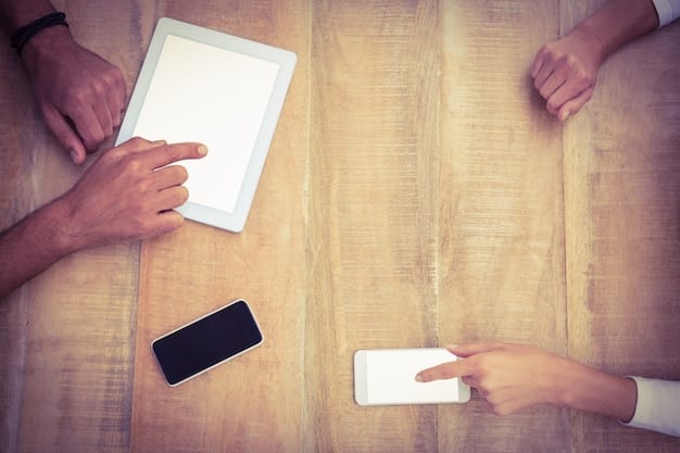 A hand holding a smartphone displaying a list of group chat rules with checkmarks next to each rule, superimposed on a scene of a diverse team working together in an office.