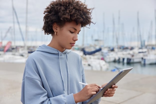 A person thoughtfully composing an email on a tablet. The tablet displays a draft with a clear subject line, and the user is choosing appropriate recipients.