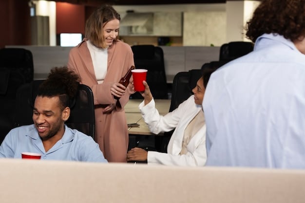 A diverse group of colleagues having a conversation in a brightly lit office, collaboratively setting boundaries in a meeting.