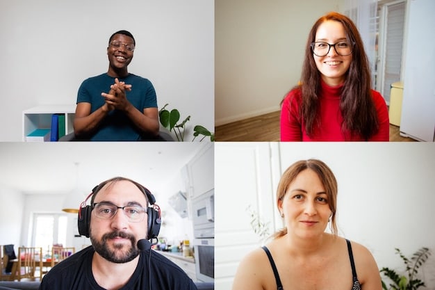 A series of headshots showing different examples of body language during a video call, including good posture, smiling, and nodding.