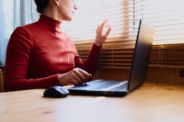 A person is shown calmly fact-checking information on their laptop while participating in an online political discussion. Multiple browser tabs are open, displaying reputable news sources and fact-checking websites. The person is wearing headphones and has a thoughtful expression.