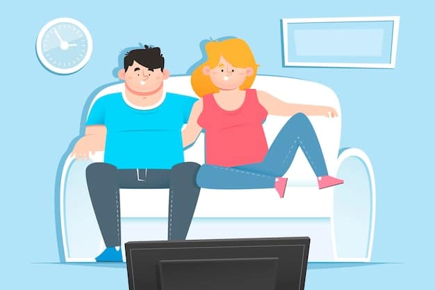 A cartoon depicting a couple sitting on a couch; one partner is entirely engrossed in their phone, while the other looks on with a sad and neglected expression, illustrating the emotional distance created by excessive digital engagement.