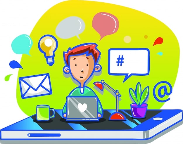 A person typing on a laptop with a focused expression, surrounded by sticky notes with networking tips and reminders. The image illustrates effective online communication.