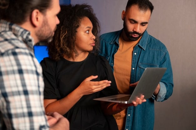 A diverse group of people collaborating on a digital project, with one individual demonstrating the use of captions on a video call. The scene highlights the importance of inclusive collaboration and the use of accessibility features in virtual meetings.