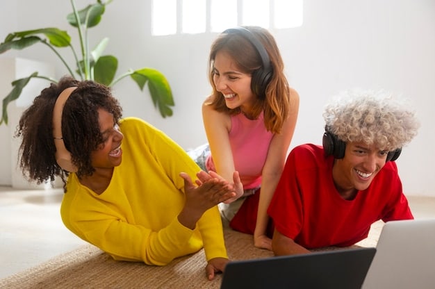 A diverse group of people smiling and looking at their laptops, participating in a video conference. There are diverse backgrounds in the video frame, simulating a positive and inclusive environment.