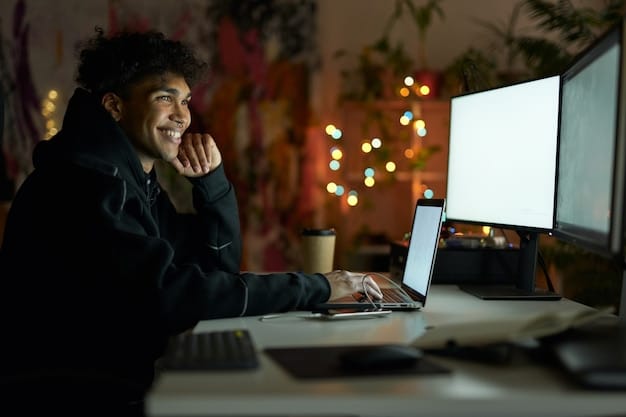 A person sitting at a desk with a thoughtful expression, scrolling through a selection of GIFs on their computer screen, carefully considering which one to use.
