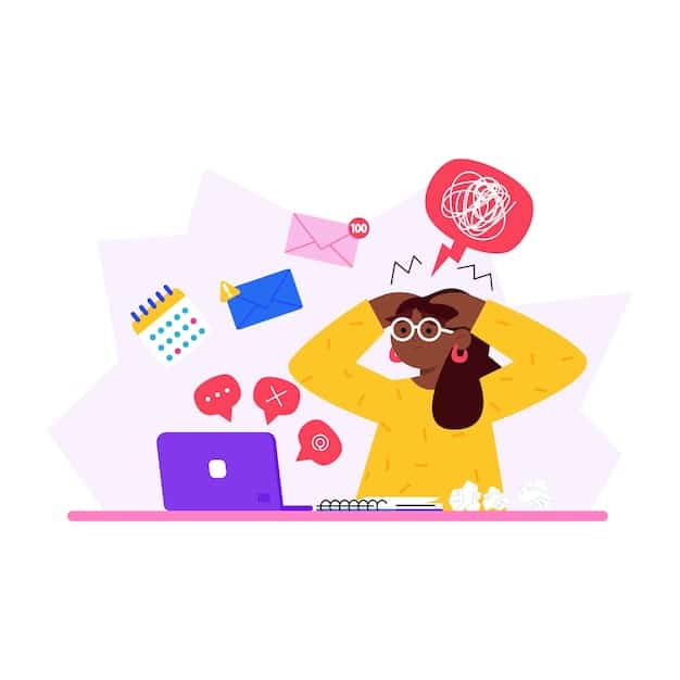 A person looking stressed and overwhelmed at their computer, surrounded by pop-up notifications and messages. The scene conveys the challenges of managing multiple online interactions and the potential for miscommunication and frustration.