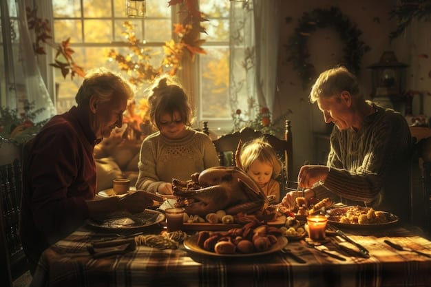 A family with grown children gathered around a table for Thanksgiving dinner. The atmosphere is warm and festive, with много generations celebrating together.