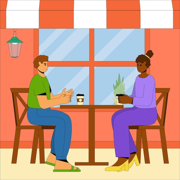 Two people sitting across from each other in a well-lit coffee shop, deeply engaged in a conversation. One person is actively listening while the other speaks, showcasing attentive listening skills.