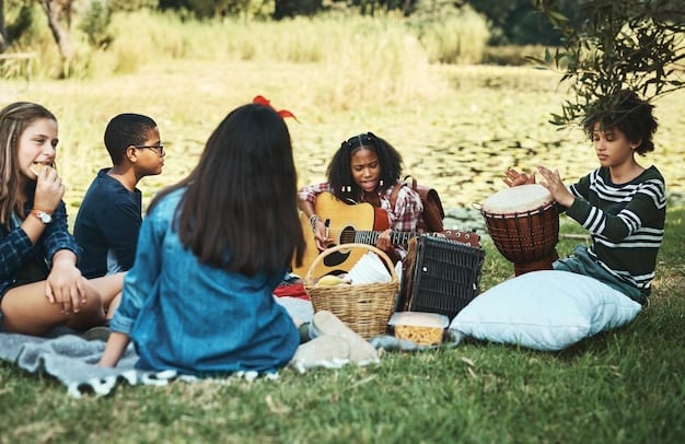 A group of diverse neighbors laughing and chatting at a potluck picnic in a local park, with picnic blankets, food baskets, and trees in the background.