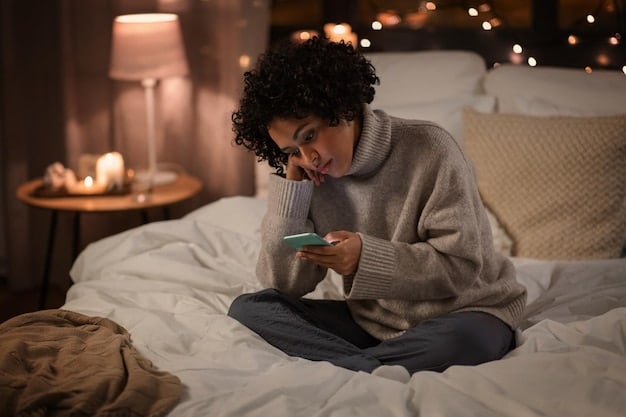 A person reaching for their phone on a bedside table, with the alarm clock showing early morning. The scene should be dimly lit, emphasizing the temptation to immediately check the phone upon waking.