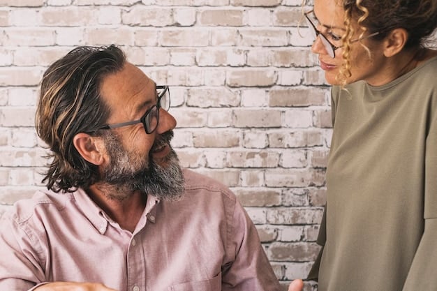 Two people facing each other, one speaking calmly while the other listens attentively with a thoughtful expression. Neutral background, focus on the communication dynamic.