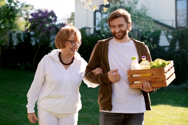 A young man is helping an older woman with her groceries, both smiling in front of a local grocery store in a suburban neighborhood.