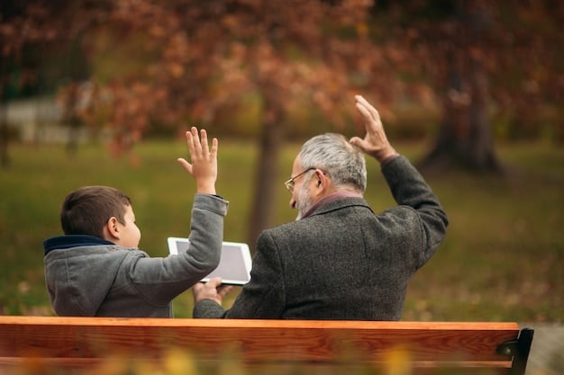 Two elderly people sitting side-by-side on a park bench, holding hands and watching children play in the distance. They are both smiling and appear content.