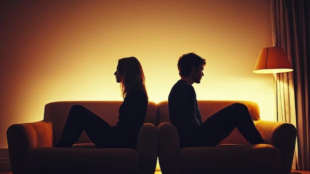 A silhouette of a couple sitting on a couch in a dimly lit room, facing a therapist who is sitting in a chair, taking notes. The setting suggests a therapy session focused on healing and communication.  The atmosphere carries a sense of hope and support.