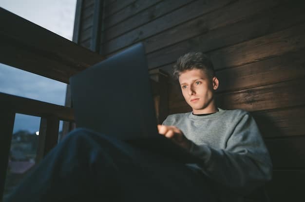 A teenager sitting in front of a laptop, thoughtfully engaging with privacy settings on a screen, with a visible padlock icon and data flow lines, symbolizing informed digital choices and control over personal information.