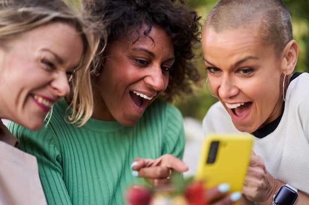A diverse group of community members interacting positively on a phone screen, with speech bubbles full of positive review icons and sharing symbols, demonstrating organic brand advocacy.