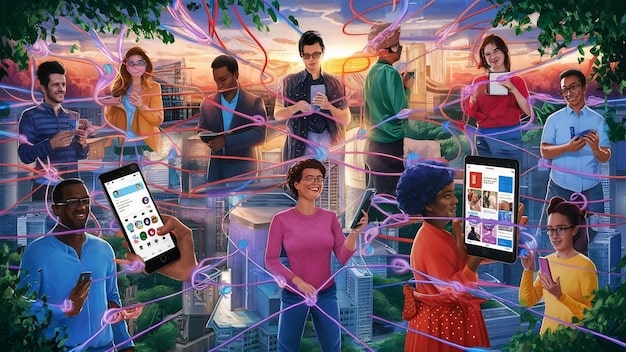 A diverse group of people collaborating digitally, with various online community icons floating around them, indicating new ways of interacting and managing online spaces.