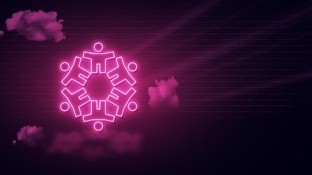 A diverse group of stylized people icons connected by glowing lines, symbolizing a strong, healthy online community, with a positive upward graph overlay, representing growth and ROI.