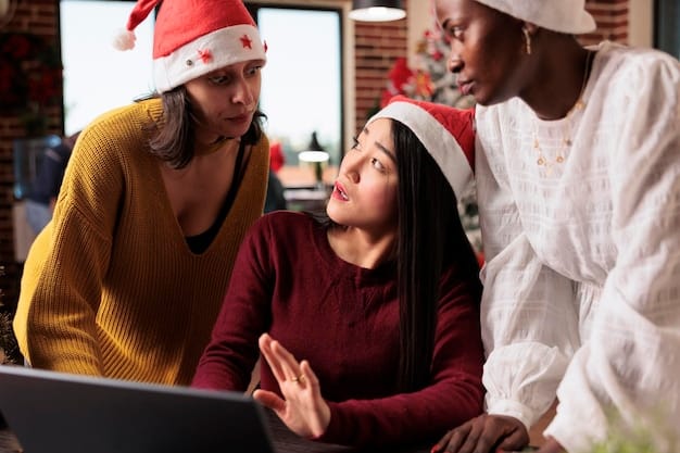A diverse group of people actively participating in an online community forum on their devices, with subtle holiday decorations in the background, signifying exclusive, tailored content.
