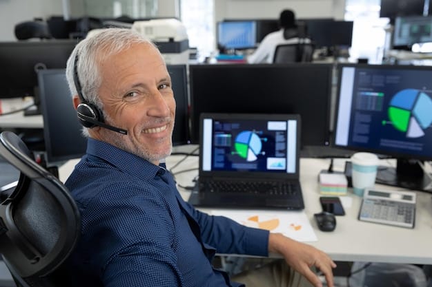 A customer support representative smiling and talking on a headset, with a data dashboard in the foreground showing a noticeable decrease in support ticket volume and an increase in community engagement metrics. This illustrates the positive impact of communities on support teams.