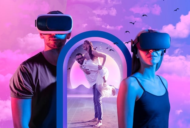 A futuristic scene depicting users wearing VR/AR headsets, interacting within a vibrant, gamified online community space in extended reality, with holographic pop-ups showing points, quests, and avatars.