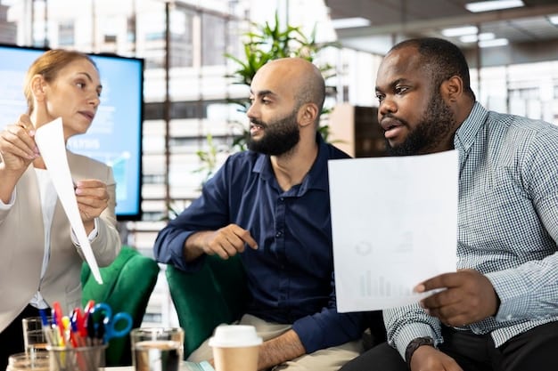 A diverse team in a corporate brainstorming session, where participants are actively engaged in discussions, writing on whiteboards, and one person is specifically challenging an idea with a thoughtful expression, demonstrating healthy debate.