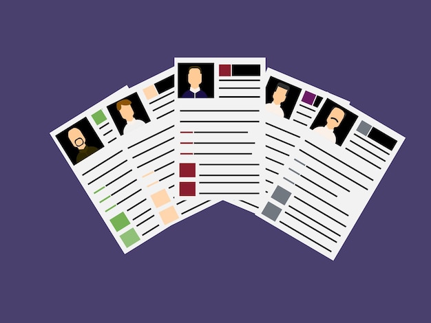 A stack of anonymous resumes with diverse names and qualifications obscured, illustrating the concept of blind resume screening to reduce bias. Some resumes are laid out on a desk with a magnifying glass.