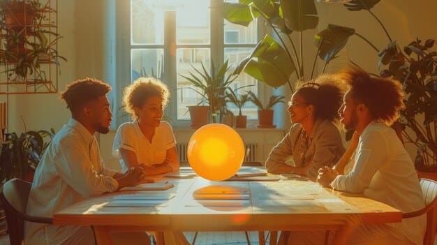 A diverse group of people engaged in thoughtful conversation around a table, with speech bubbles creatively illustrating ideas and influence. The setting is a modern, light-filled office.