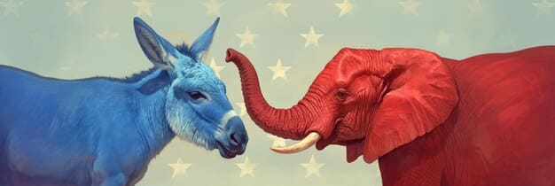A split image showing two people with contrasting political symbols (e.g., donkey vs. elephant), both looking slightly stressed, representing political polarization and the internal conflict it causes.