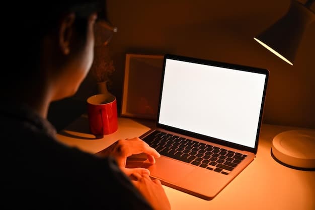 A figure is dimly lit, sitting at a desk with a laptop displaying a video conference, but the person's face is obscured and appears distant. The room is sparse, and the overall impression is one of disconnectedness in a digital world.