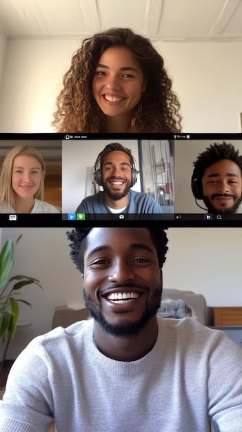A diverse group of remote workers actively engaged in a well-managed video conference, smiling and interacting positively. The interface shows clear faces and good lighting, conveying a sense of genuine connection and collaboration.