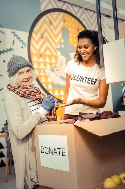 A photograph of a diverse group of volunteers, including young adults and seniors, sorting donated goods at a community food bank. They are smiling and working together, portraying a sense of collective purpose and goodwill.