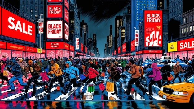 A crowded street in a large American city, with vibrant digital advertisements displaying various brands, illustrating the pervasive nature of consumer priming.