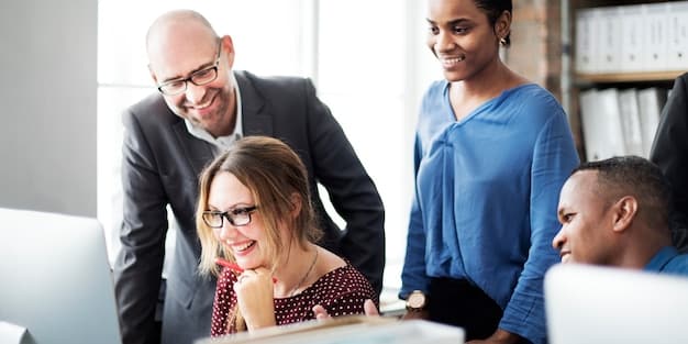 A diverse group of people (some looking like managers, others as employees) engaging in a structured review process, using clear forms and criteria to assess performance and make fair decisions.